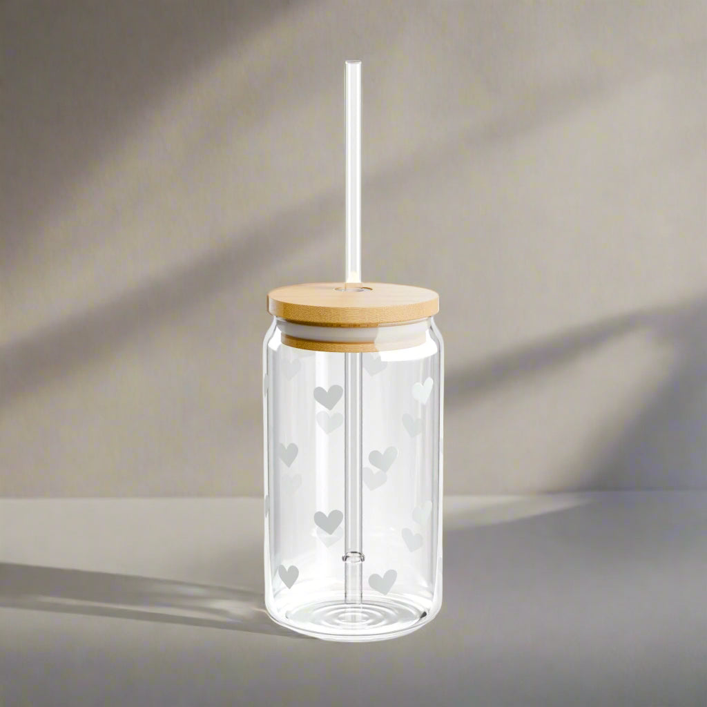 Glass Cup, 16oz White Heart Pattern Sipper