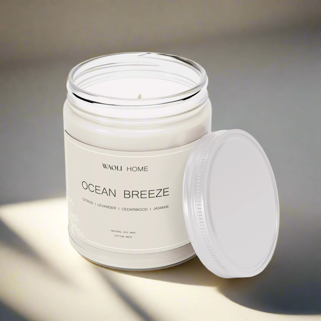 Luxury Scented Soy Jar Candle Ocean Breeze |  9oz  | Citrus Lavender Cedarwood Jasmine