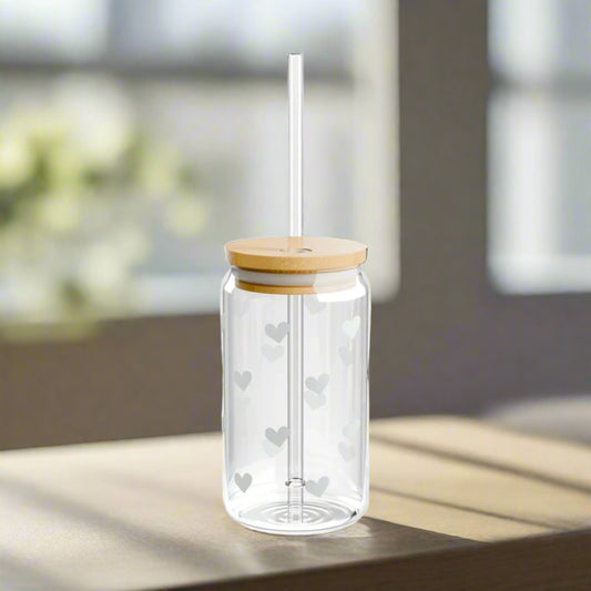 Glass Cup, 16oz White Heart Pattern Sipper